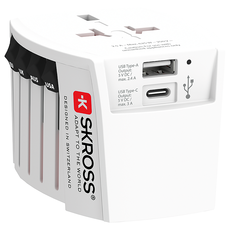 SKROSS Reiseadapter World - World + 1xUSB-A + USB-C 2-polig max. 2.5A ws