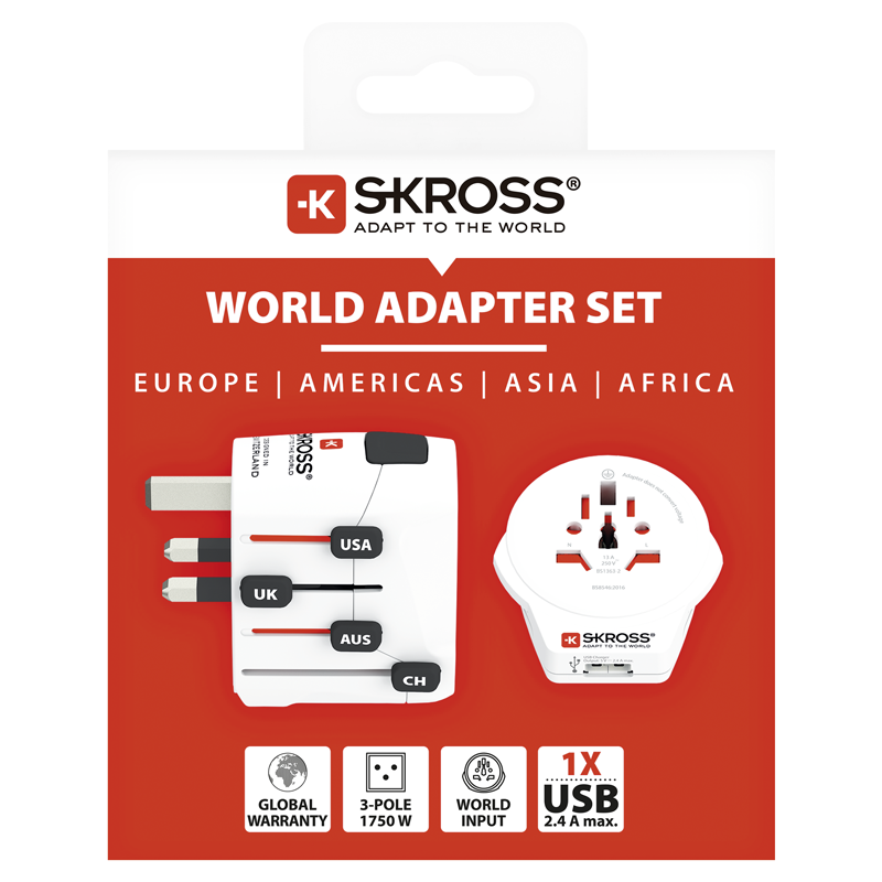 SKROSS Adapt. de voyage PRO Monde - Monde +1xUSB-A 3 pôles max. 7A avec fusible