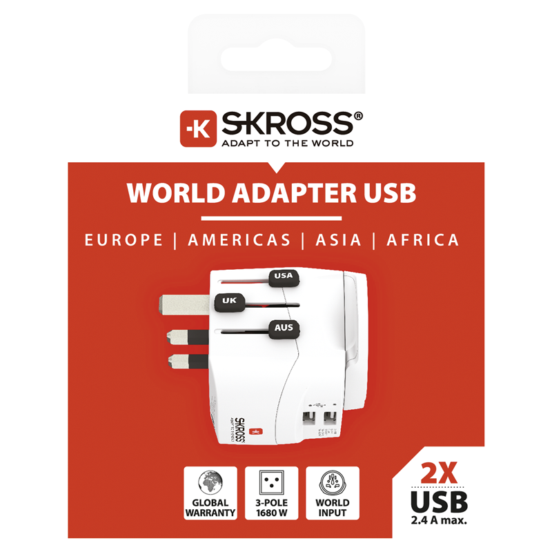 SKROSS Reiseadapter PRO World - World + 2xUSB-A 3-polig max. 7A mit Sicherung ws